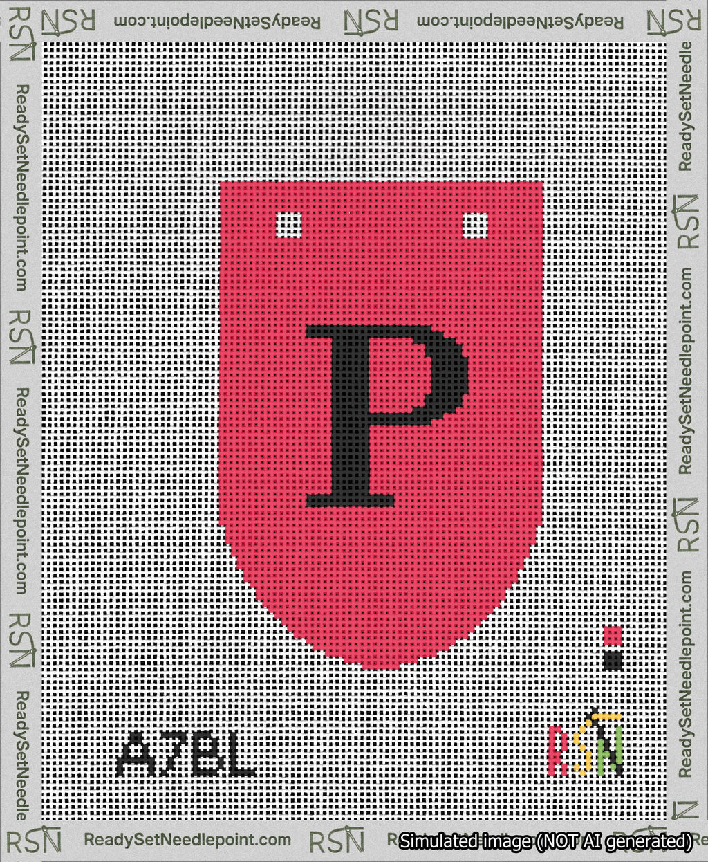 A taped needlepoint canvas with the design: Banner 13 mesh count Rounded P Black on Red.
