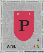 A taped needlepoint canvas with the design: Banner 13 mesh count Rounded P Black on Red.