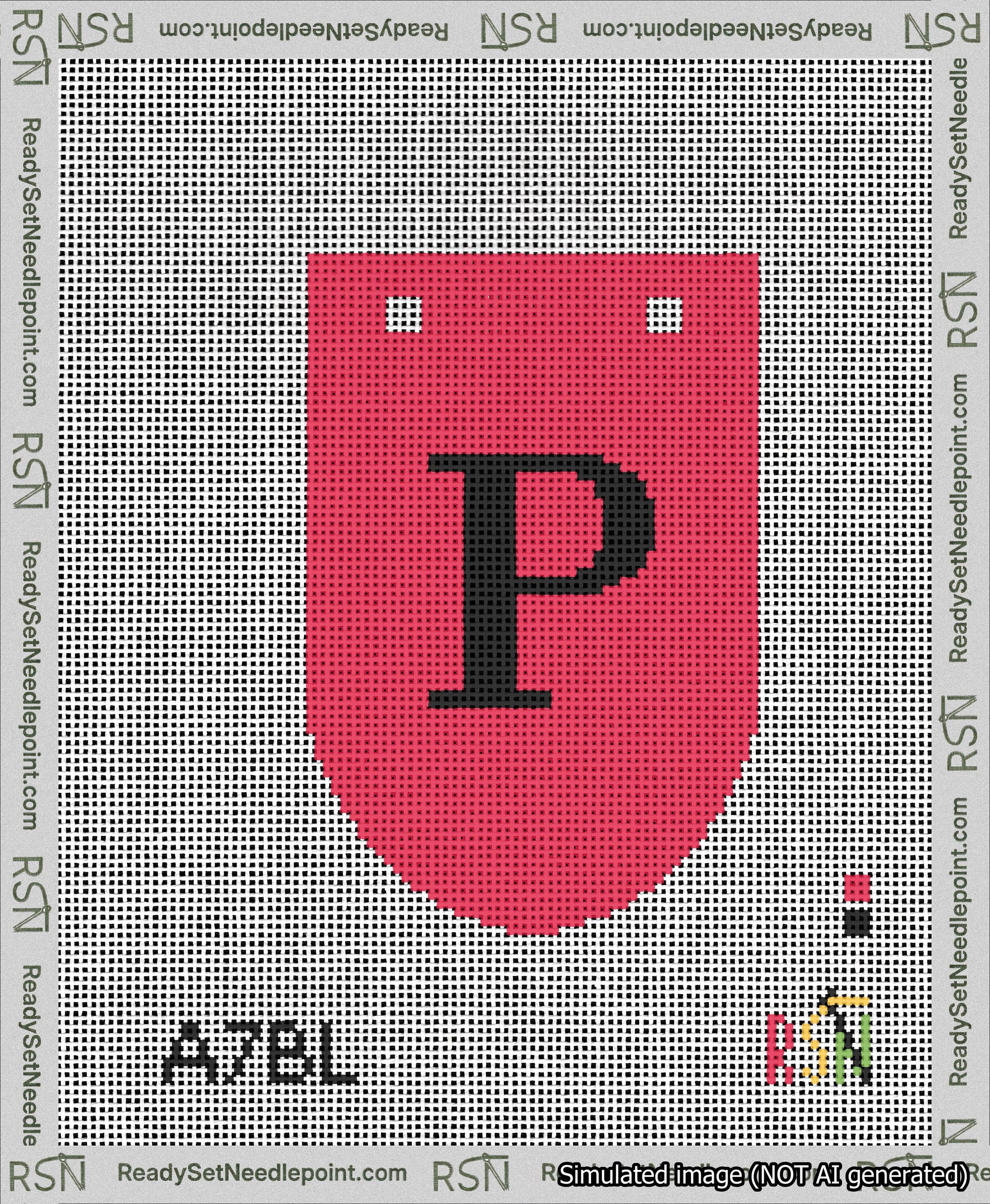 A taped needlepoint canvas with the design: Banner 13 mesh count Rounded P Black on Red.