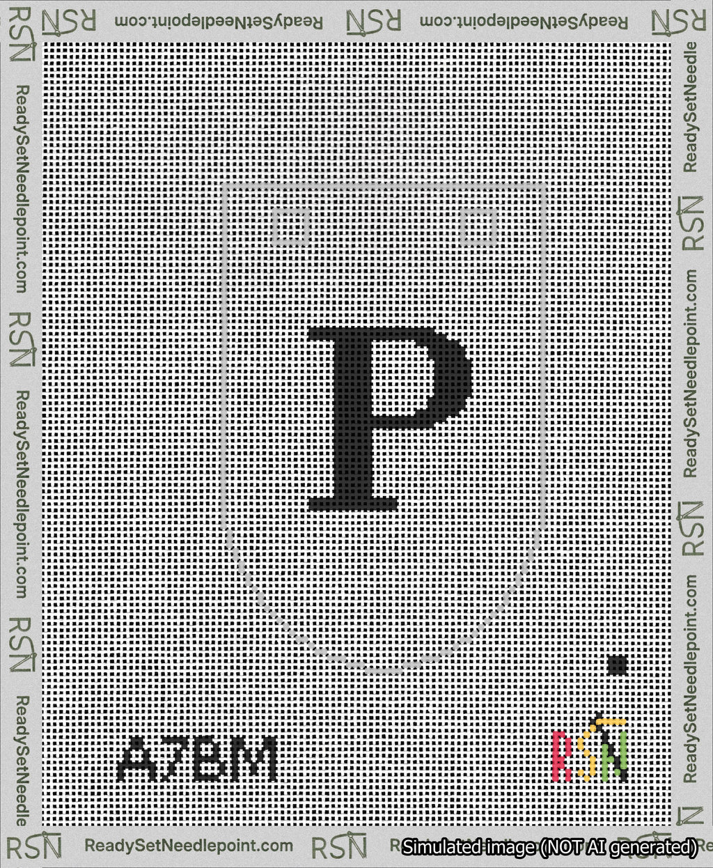 A taped needlepoint canvas with the design: Banner 13 mesh count Rounded P Black on White.