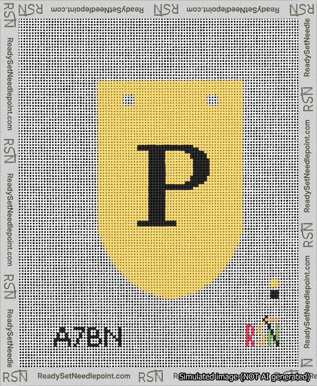 A taped needlepoint canvas with the design: Banner 13 mesh count Rounded P Black on Yellow.