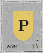 A taped needlepoint canvas with the design: Banner 13 mesh count Rounded P Black on Yellow.