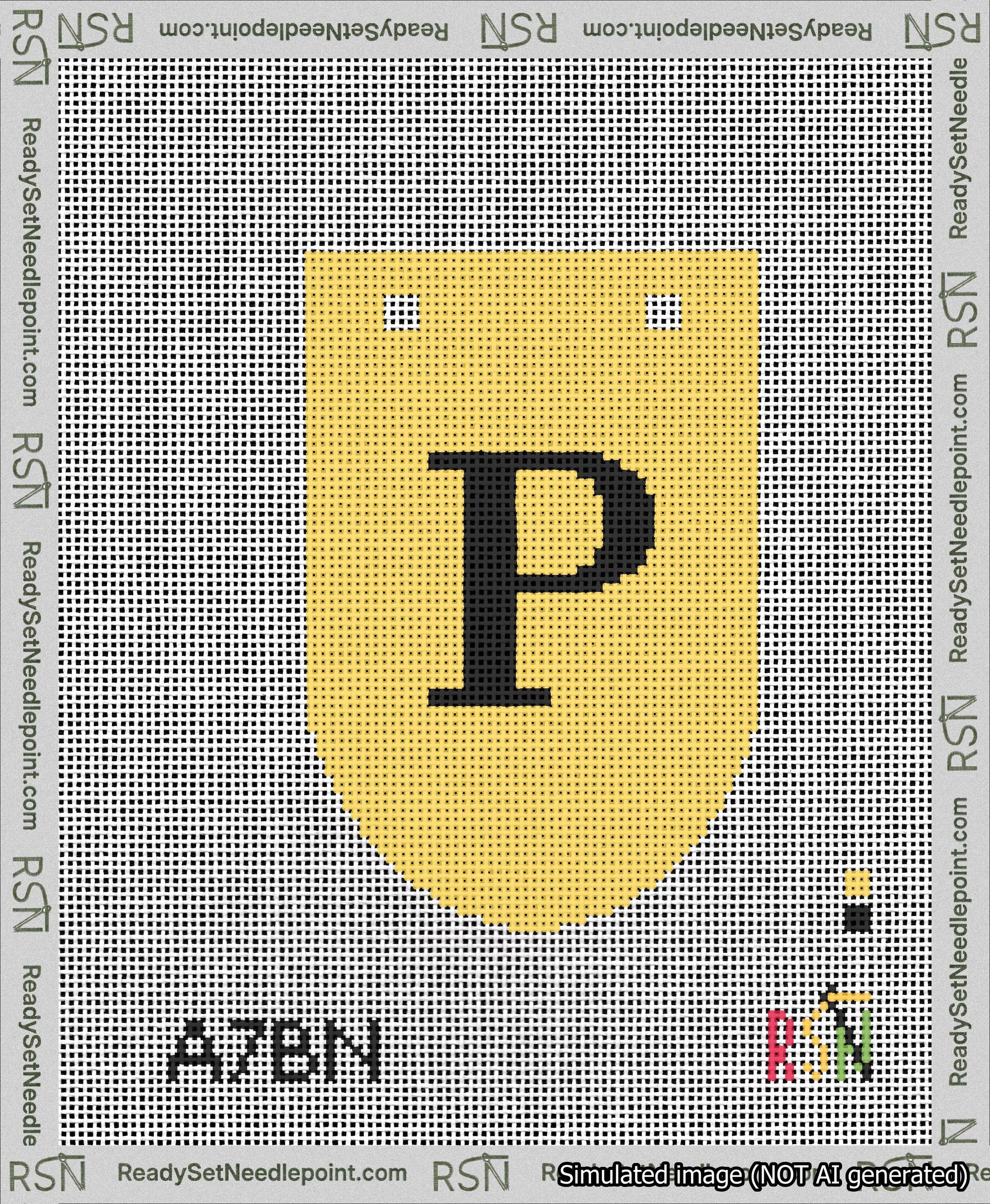 A taped needlepoint canvas with the design: Banner 13 mesh count Rounded P Black on Yellow.
