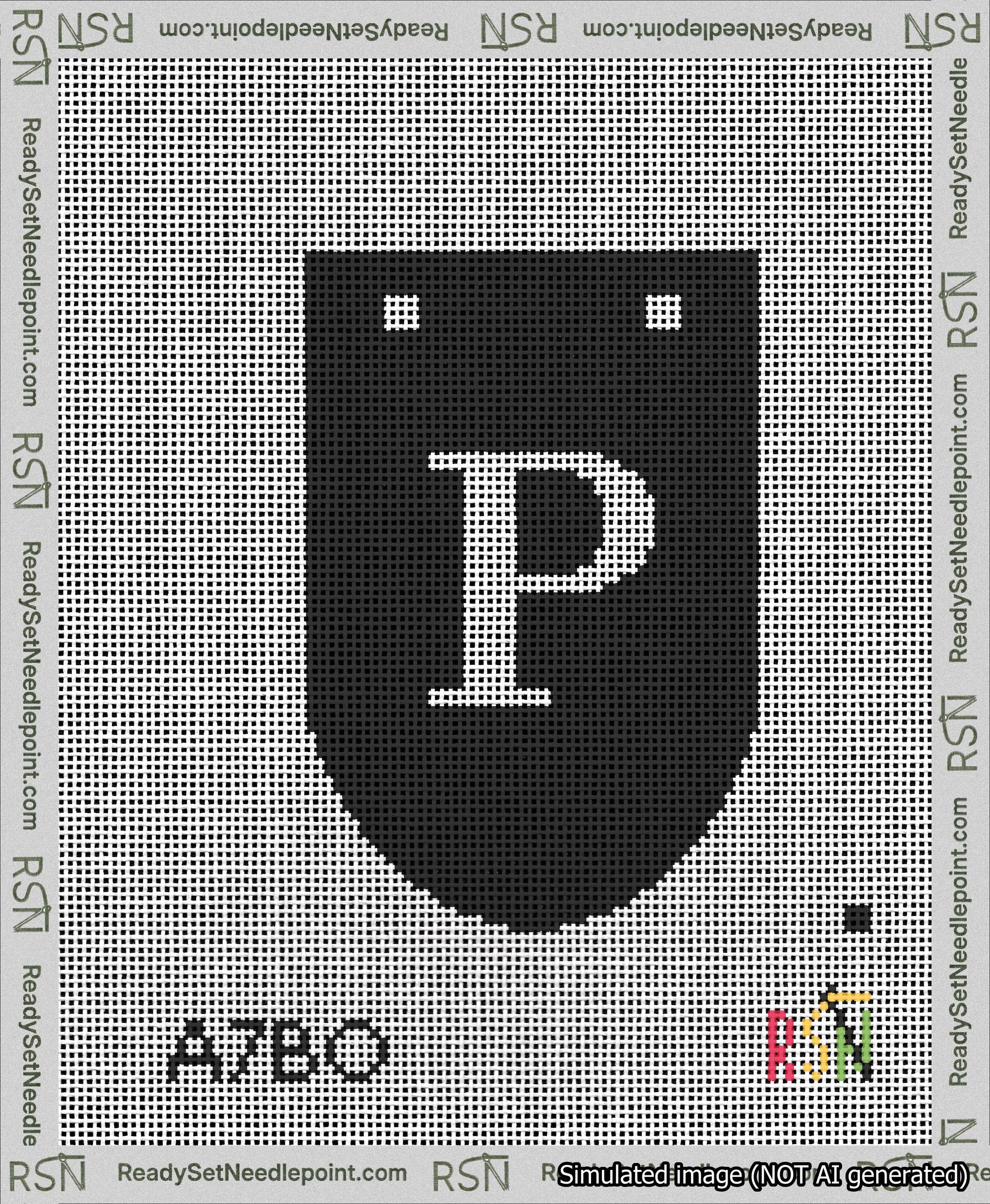 A taped needlepoint canvas with the design: Banner 13 mesh count Rounded P White on Black.