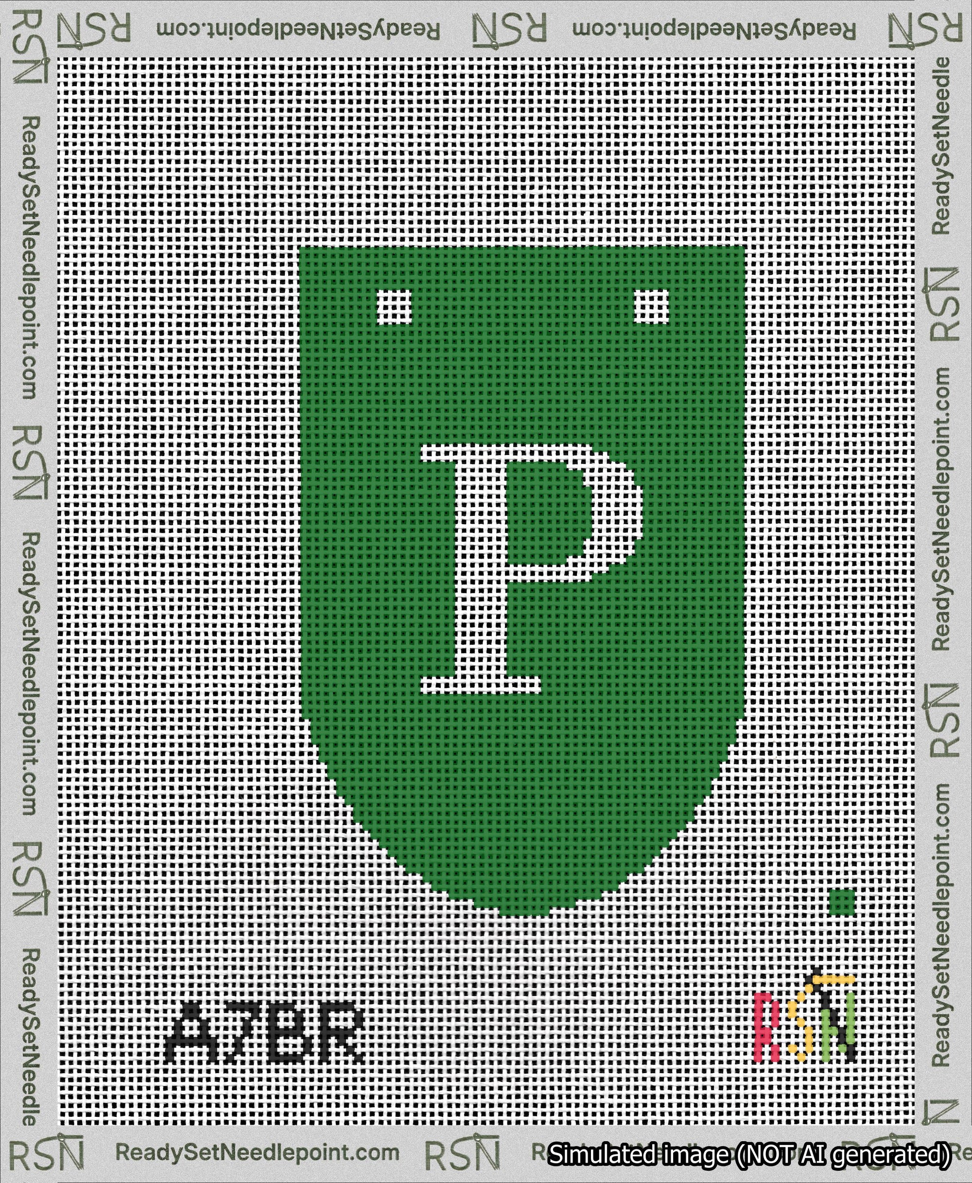 A taped needlepoint canvas with the design: Banner 13 mesh count Rounded P White on Green.