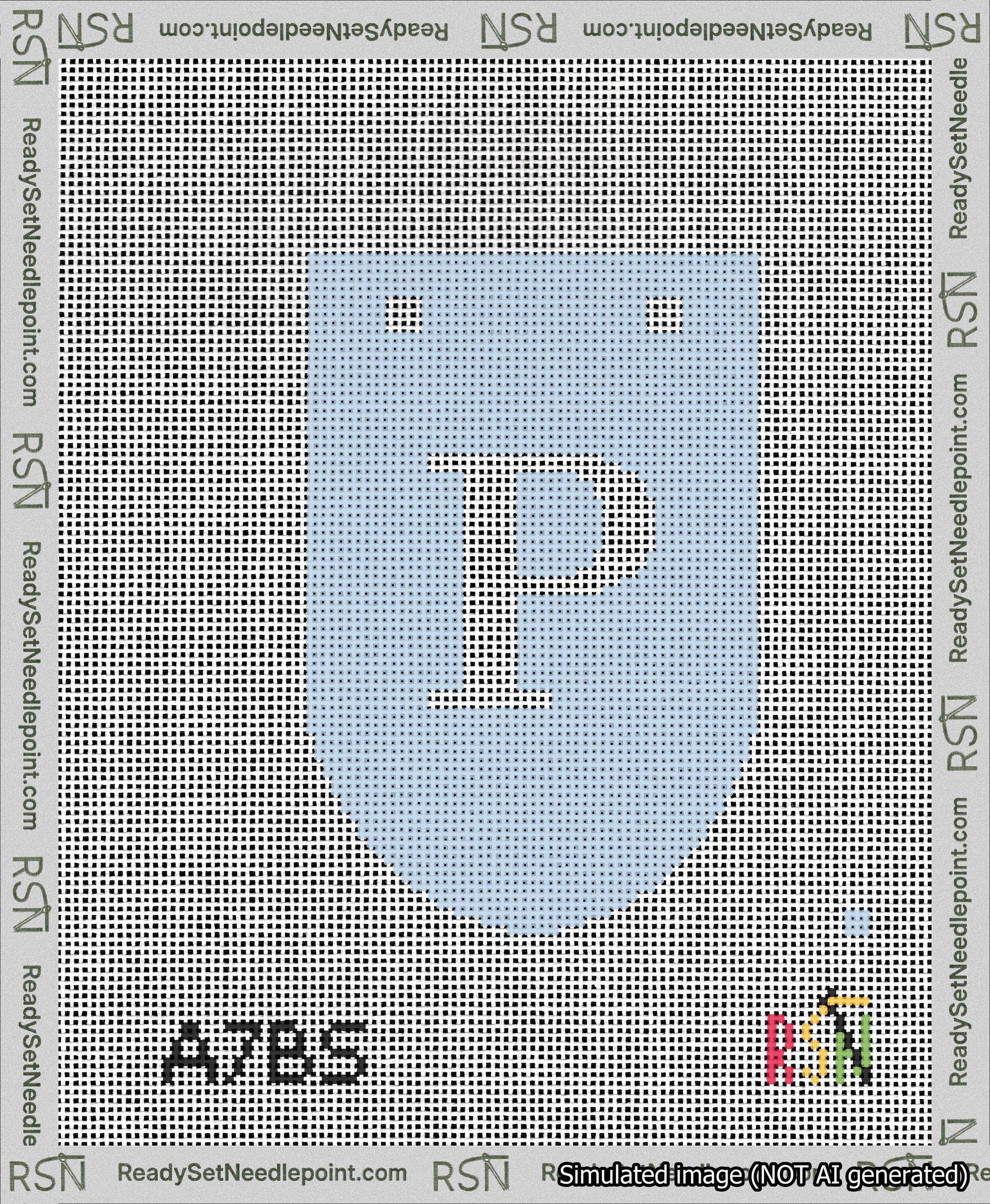 A taped needlepoint canvas with the design: Banner 13 mesh count Rounded P White on Light Blue.