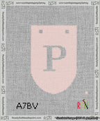 A taped needlepoint canvas with the design: Banner 13 mesh count Rounded P White on Pink.