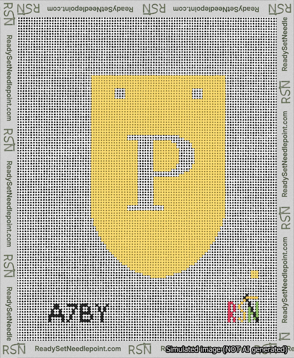 A taped needlepoint canvas with the design: Banner 13 mesh count Rounded P White on Yellow.