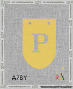 A taped needlepoint canvas with the design: Banner 13 mesh count Rounded P White on Yellow.