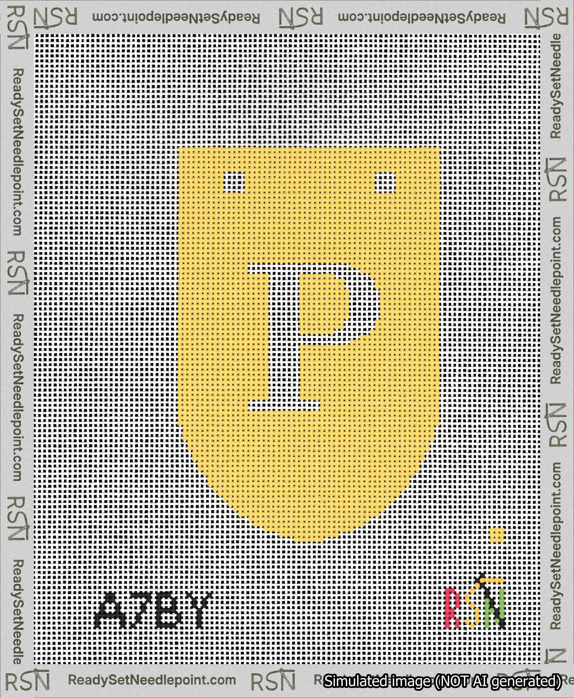 A taped needlepoint canvas with the design: Banner 13 mesh count Rounded P White on Yellow.