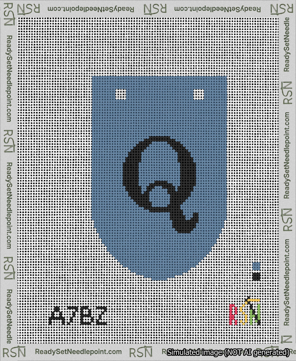 A taped needlepoint canvas with the design: Banner 13 mesh count Rounded Q Black on Blue.