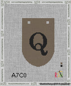 A taped needlepoint canvas with the design: Banner 13 mesh count Rounded Q Black on Brown.
