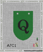 A taped needlepoint canvas with the design: Banner 13 mesh count Rounded Q Black on Green.