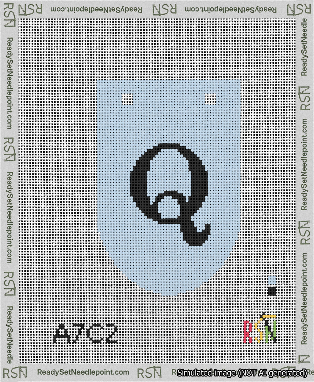 A taped needlepoint canvas with the design: Banner 13 mesh count Rounded Q Black on Light Blue.