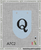 A taped needlepoint canvas with the design: Banner 13 mesh count Rounded Q Black on Light Blue.
