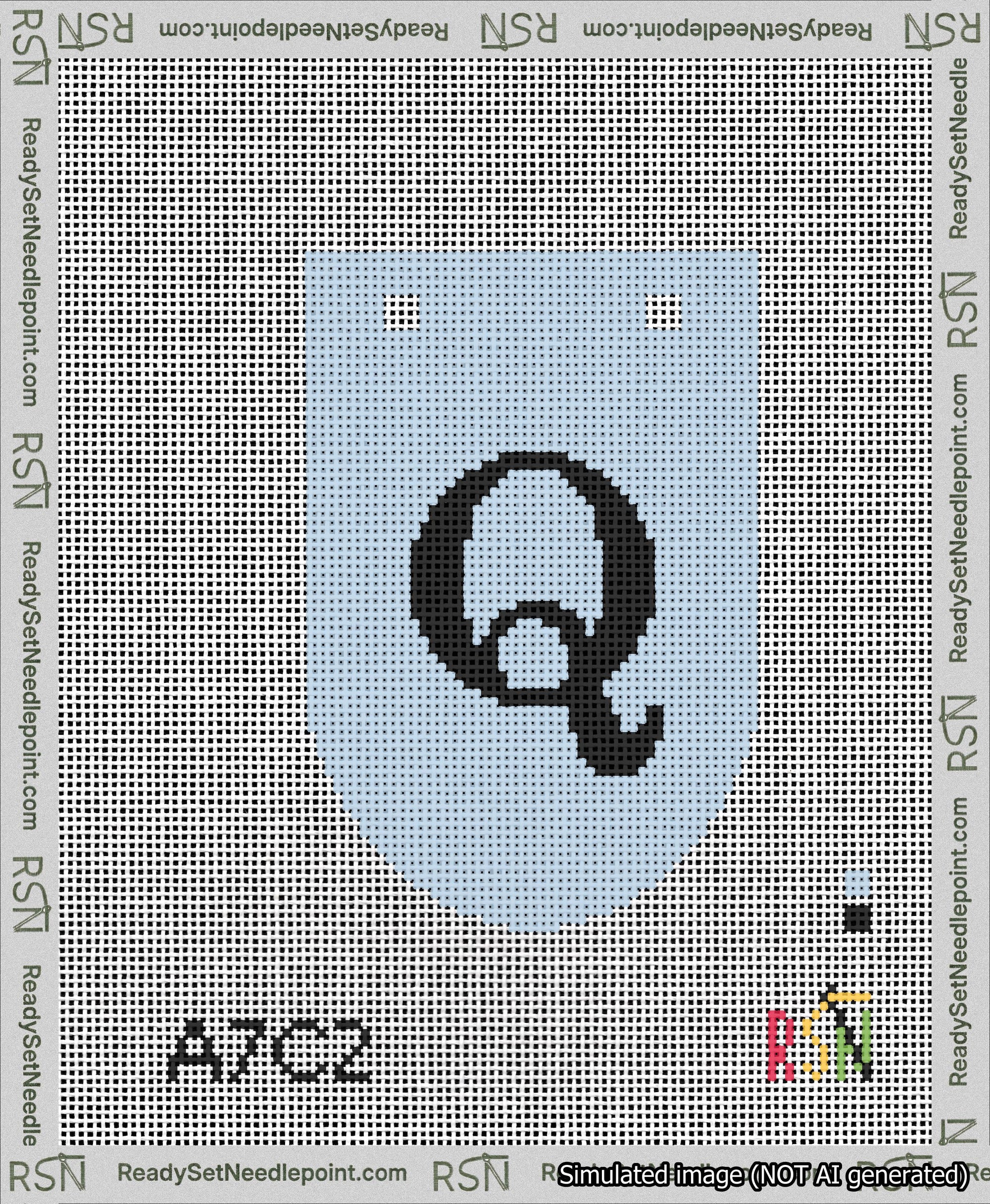 A taped needlepoint canvas with the design: Banner 13 mesh count Rounded Q Black on Light Blue.