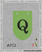 A taped needlepoint canvas with the design: Banner 13 mesh count Rounded Q Black on Light Green.