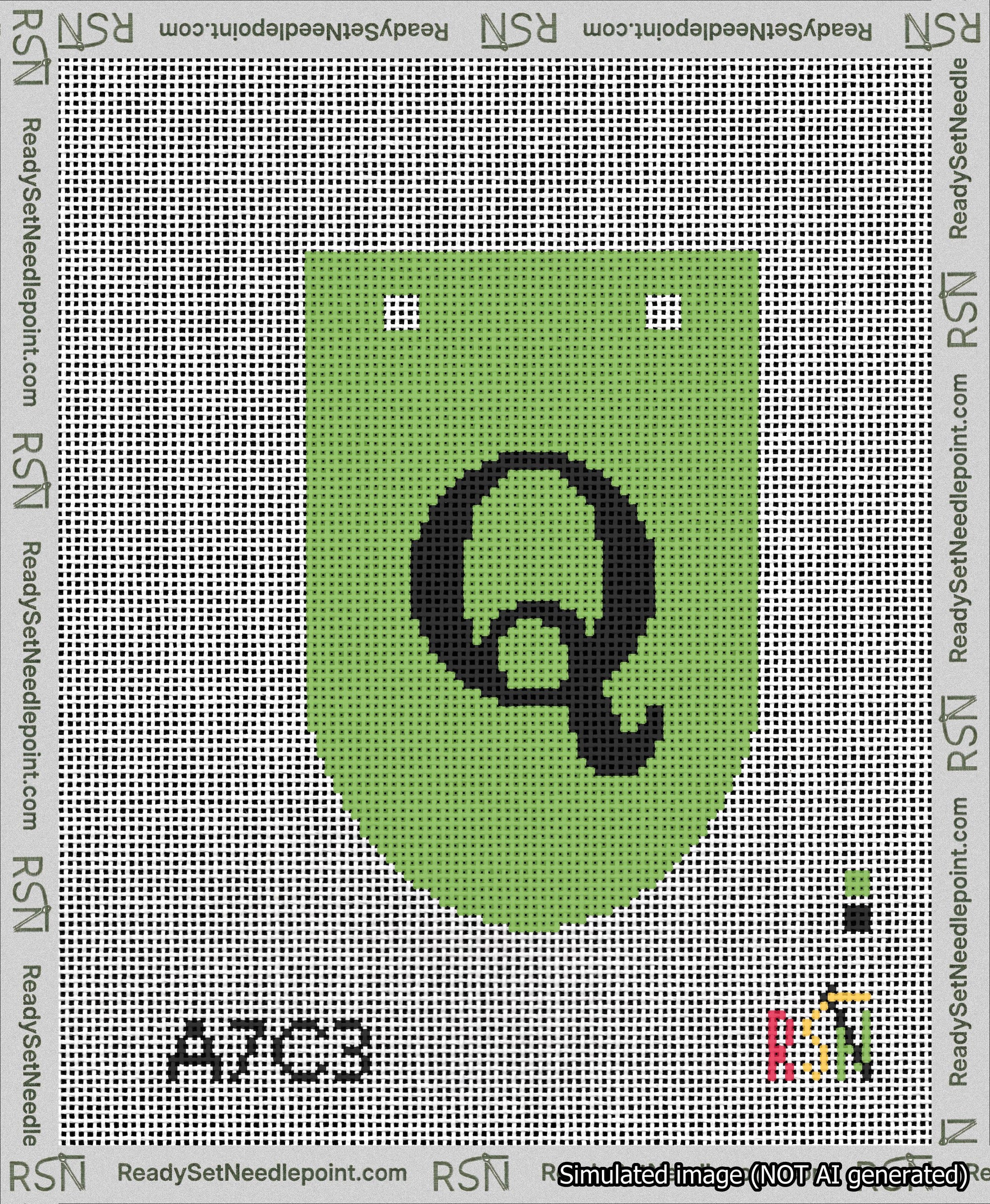 A taped needlepoint canvas with the design: Banner 13 mesh count Rounded Q Black on Light Green.