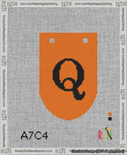 A taped needlepoint canvas with the design: Banner 13 mesh count Rounded Q Black on Orange.
