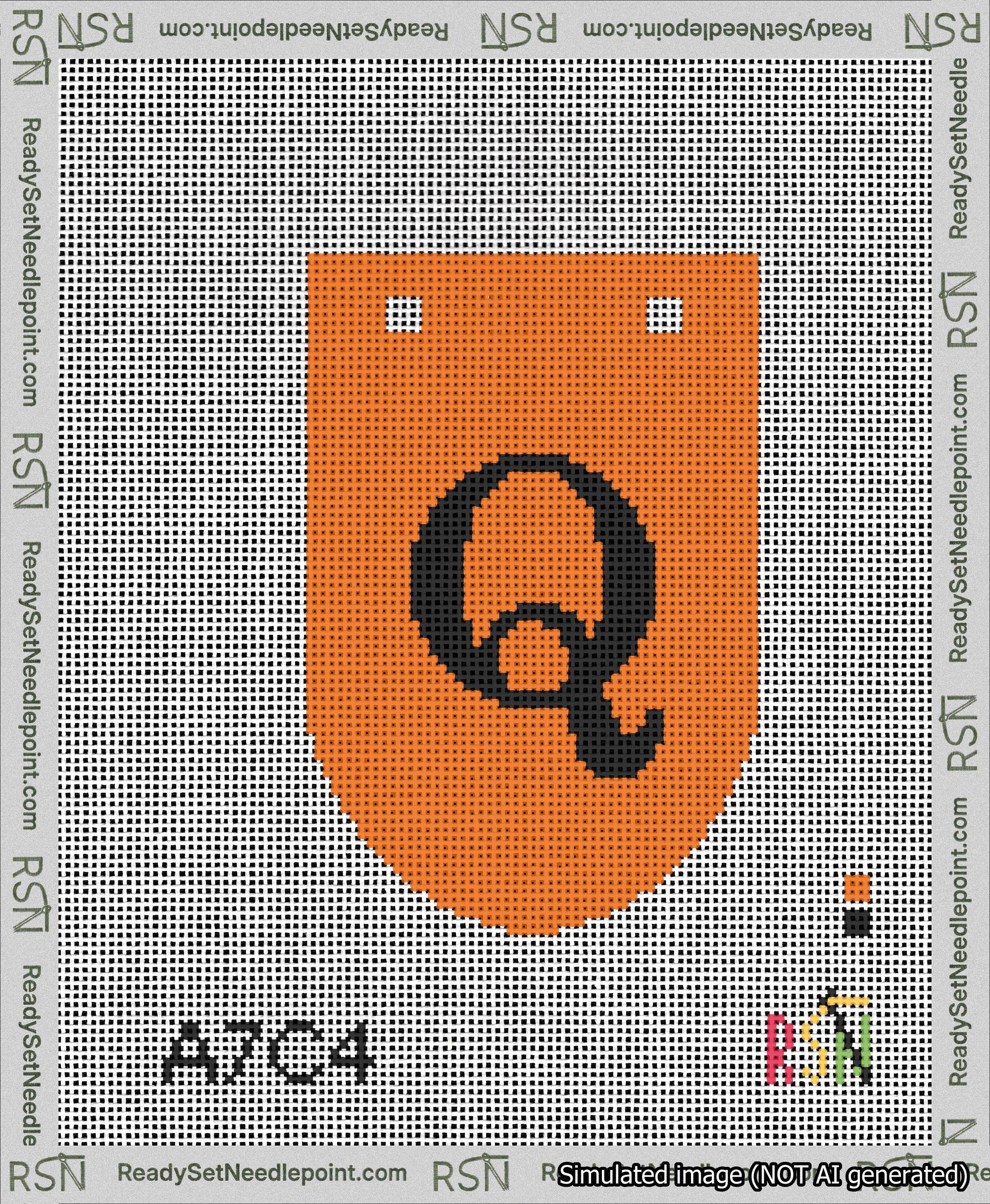 A taped needlepoint canvas with the design: Banner 13 mesh count Rounded Q Black on Orange.
