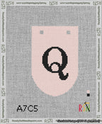 A taped needlepoint canvas with the design: Banner 13 mesh count Rounded Q Black on Pink.