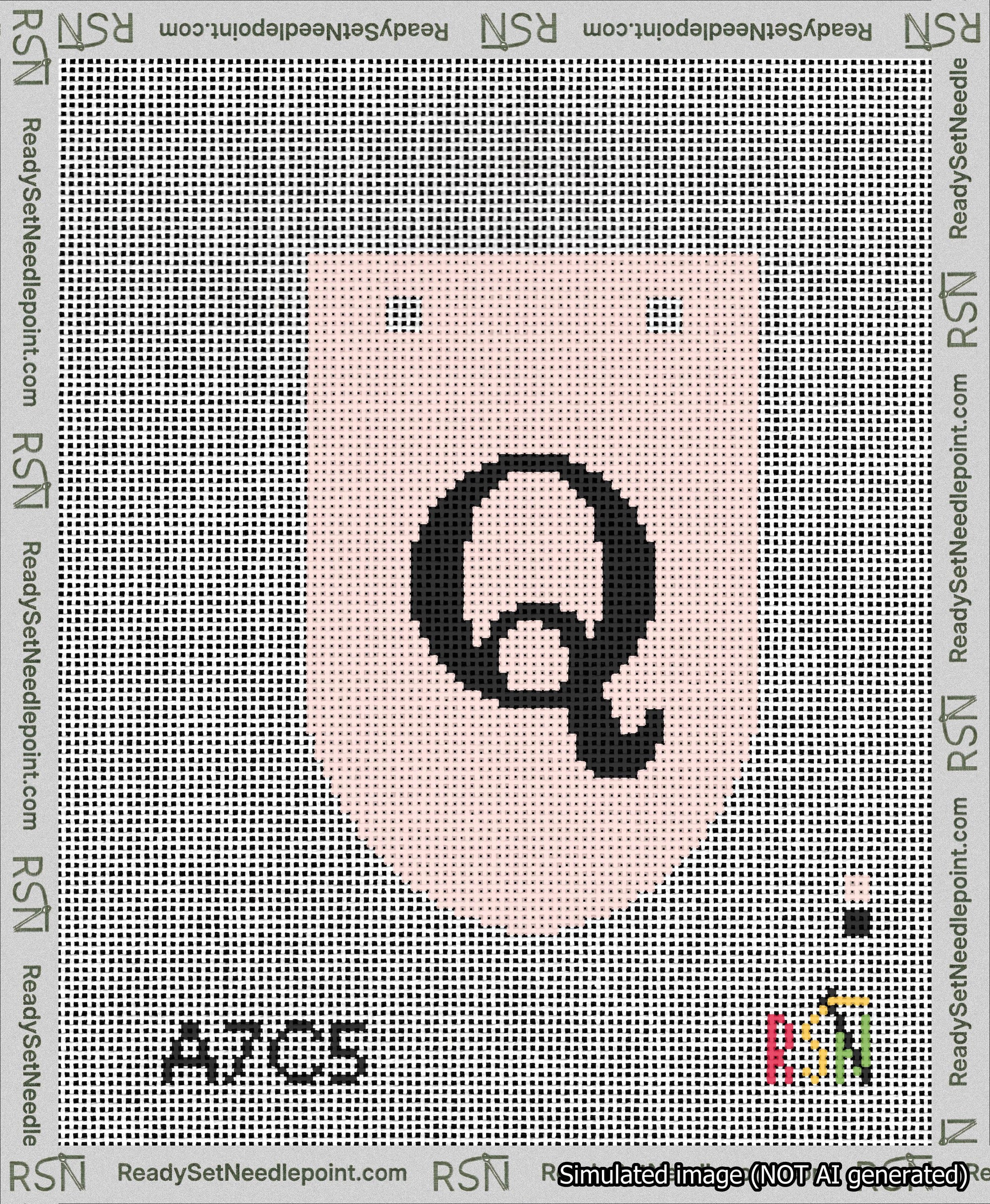 A taped needlepoint canvas with the design: Banner 13 mesh count Rounded Q Black on Pink.