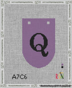 A taped needlepoint canvas with the design: Banner 13 mesh count Rounded Q Black on Purple.