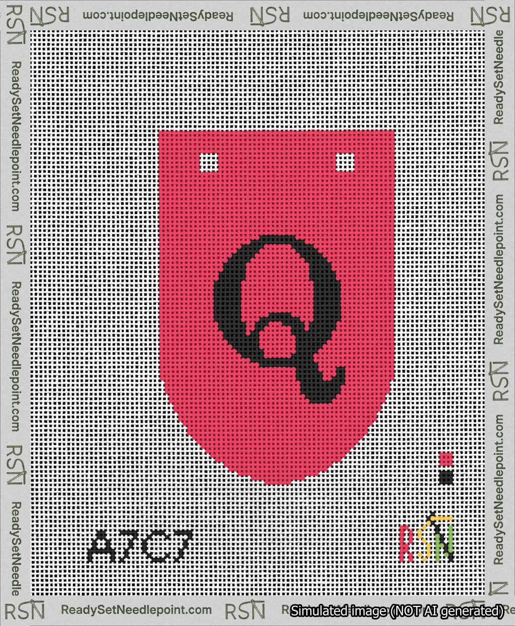 A taped needlepoint canvas with the design: Banner 13 mesh count Rounded Q Black on Red.