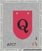A taped needlepoint canvas with the design: Banner 13 mesh count Rounded Q Black on Red.