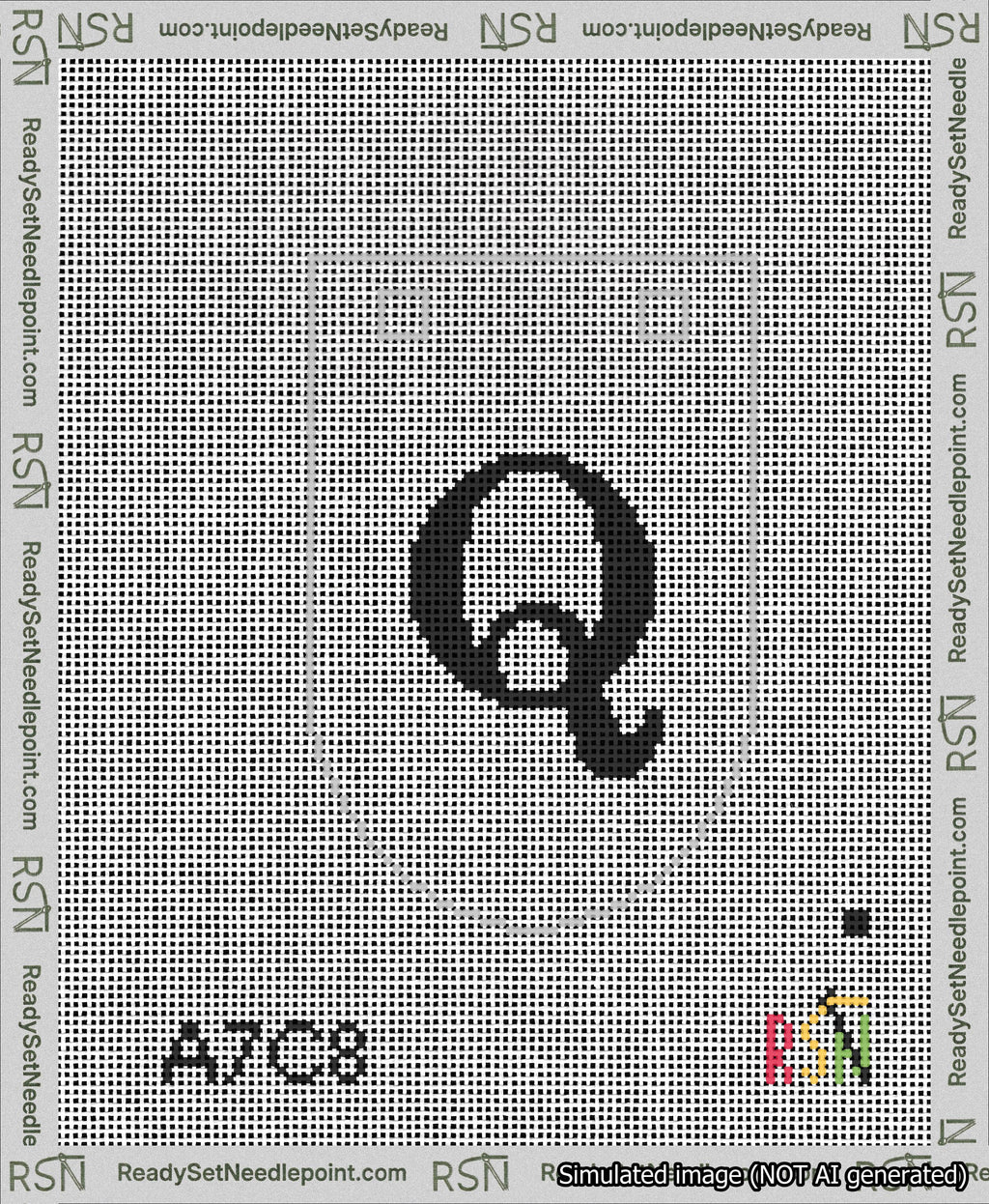 A taped needlepoint canvas with the design: Banner 13 mesh count Rounded Q Black on White.