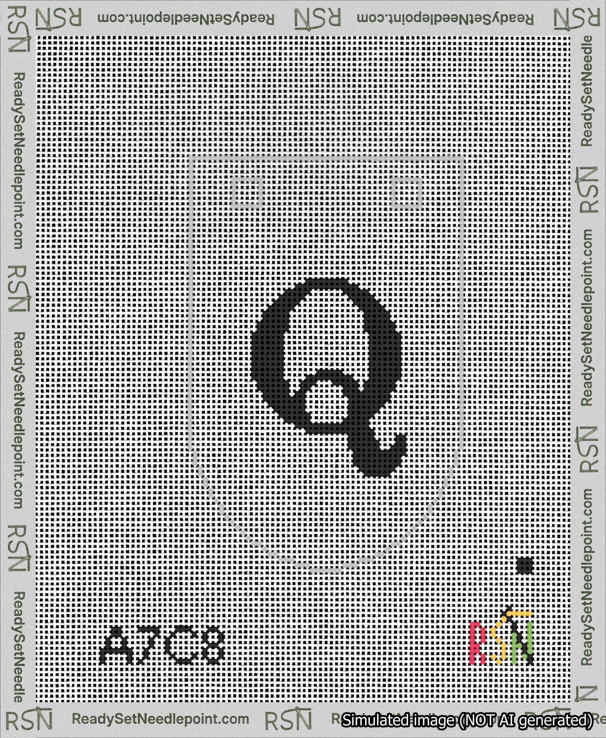 A taped needlepoint canvas with the design: Banner 13 mesh count Rounded Q Black on White.