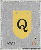 A taped needlepoint canvas with the design: Banner 13 mesh count Rounded Q Black on Yellow.