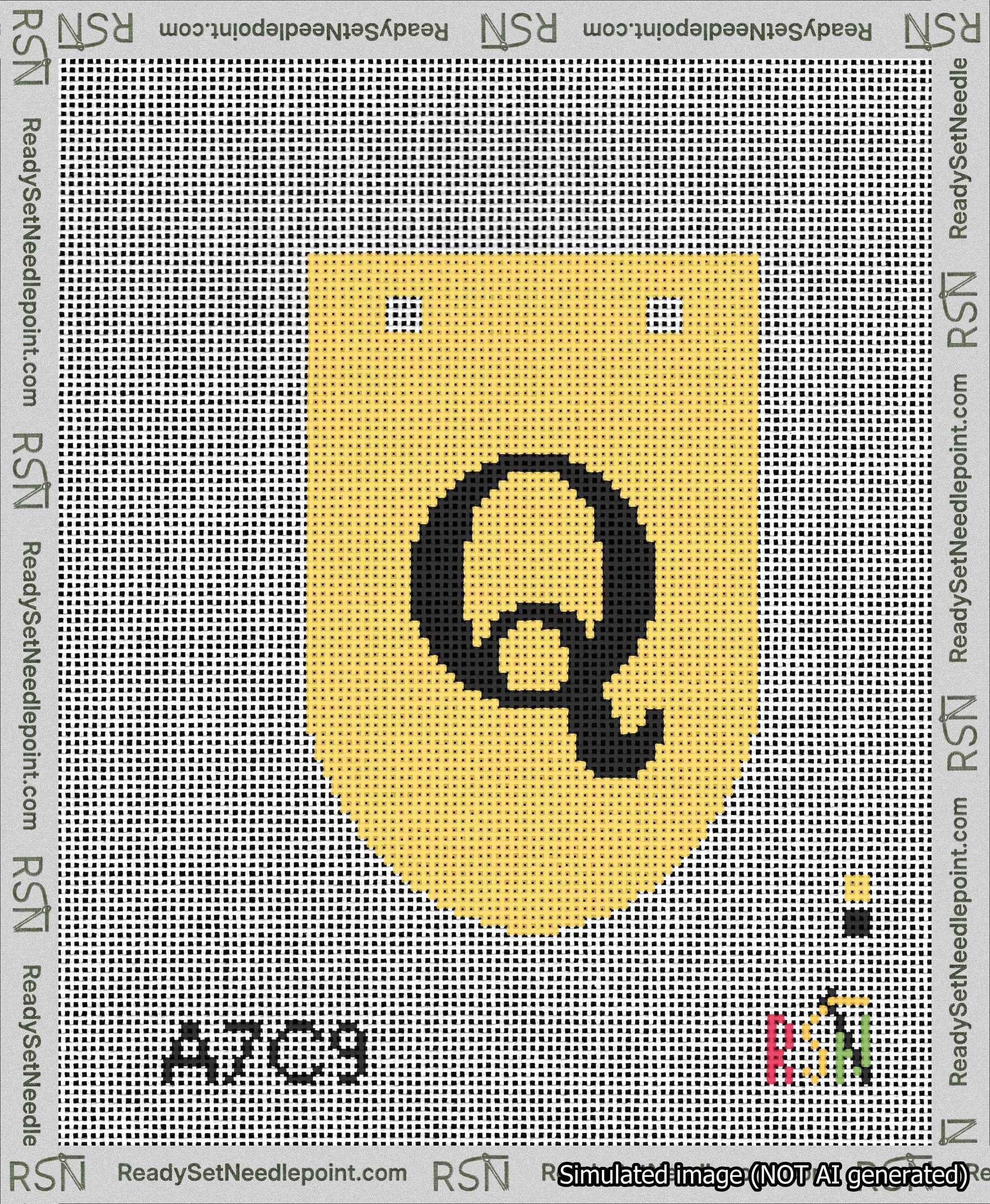 A taped needlepoint canvas with the design: Banner 13 mesh count Rounded Q Black on Yellow.