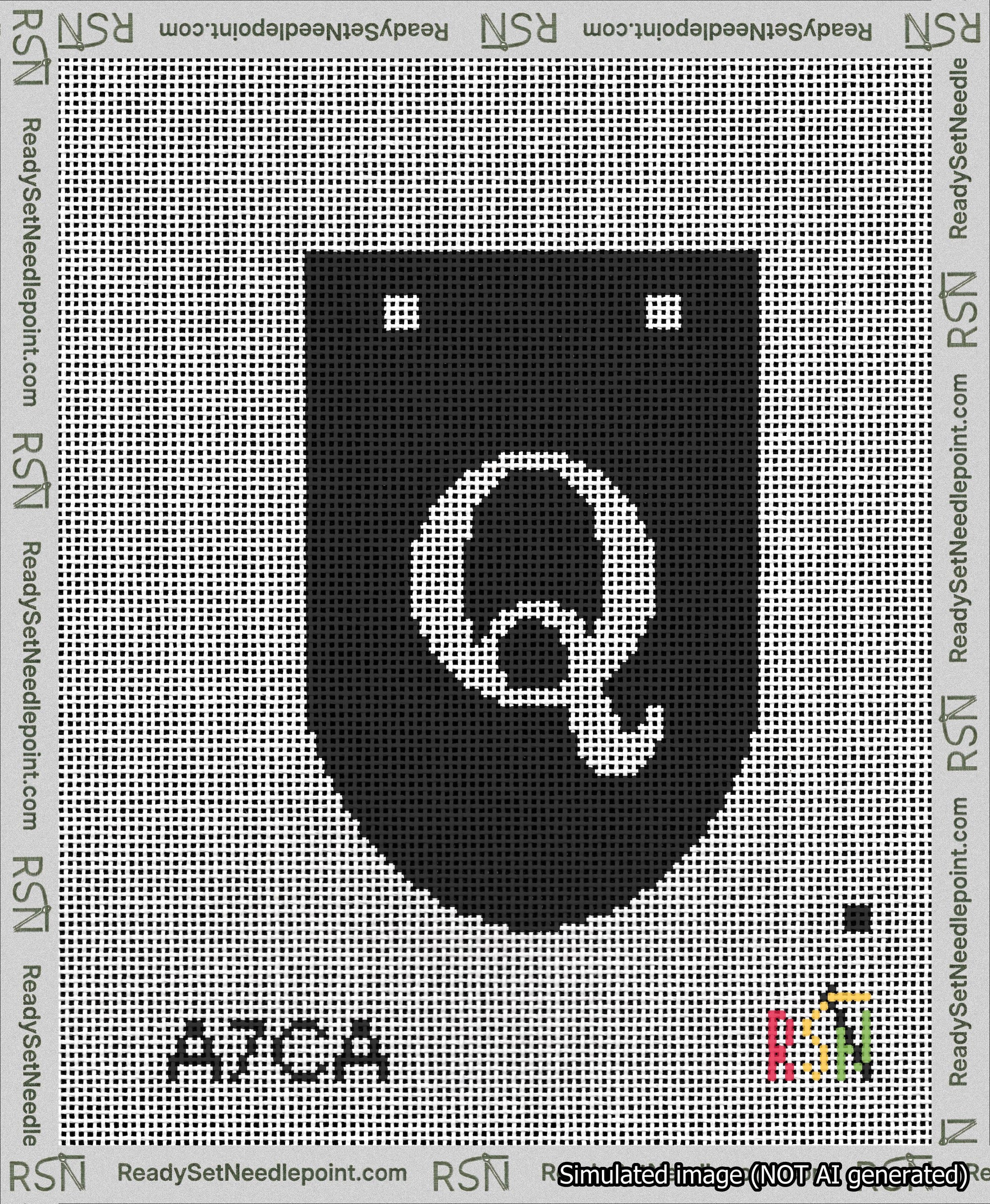 A taped needlepoint canvas with the design: Banner 13 mesh count Rounded Q White on Black.