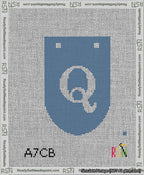 A taped needlepoint canvas with the design: Banner 13 mesh count Rounded Q White on Blue.