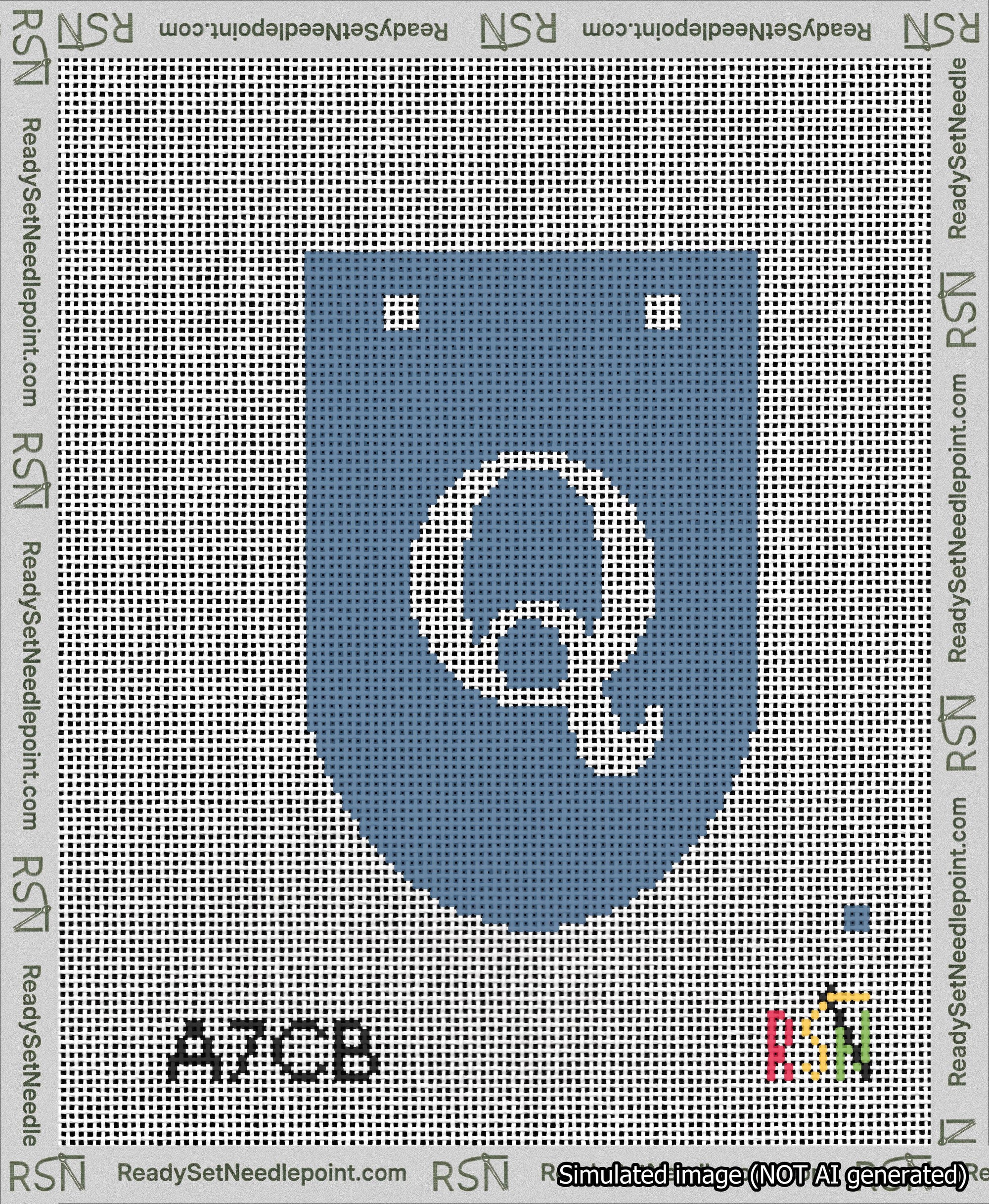 A taped needlepoint canvas with the design: Banner 13 mesh count Rounded Q White on Blue.