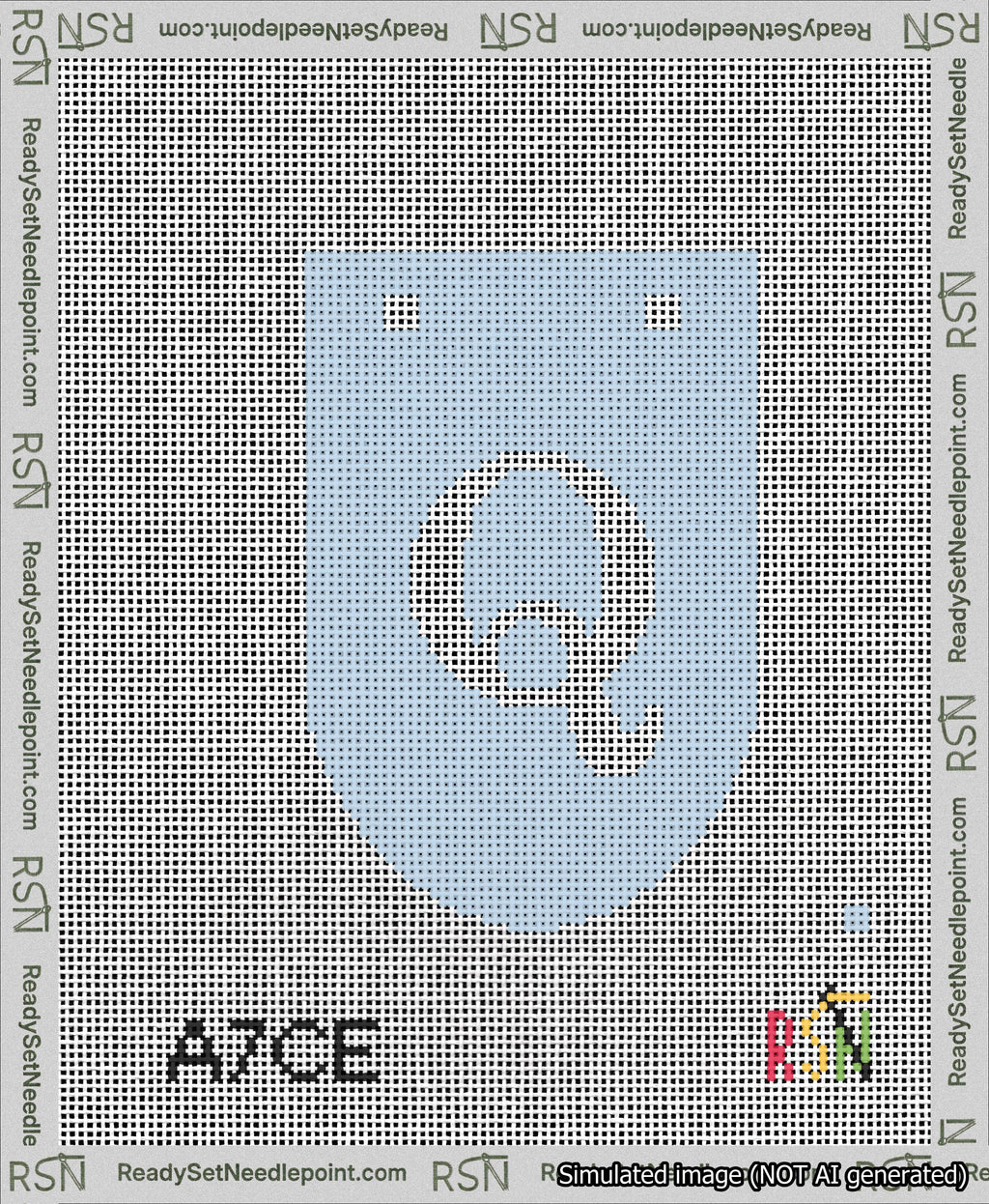 A taped needlepoint canvas with the design: Banner 13 mesh count Rounded Q White on Light Blue.