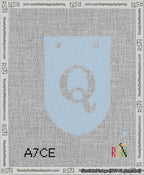 A taped needlepoint canvas with the design: Banner 13 mesh count Rounded Q White on Light Blue.