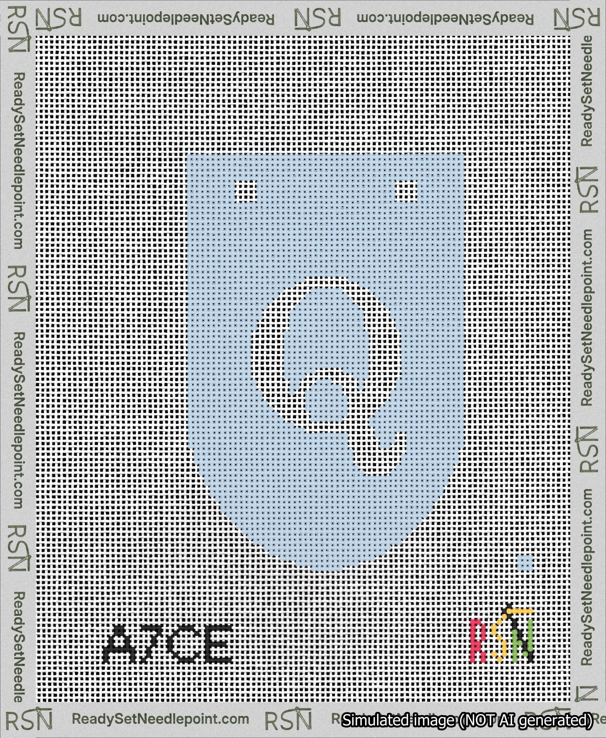 A taped needlepoint canvas with the design: Banner 13 mesh count Rounded Q White on Light Blue.