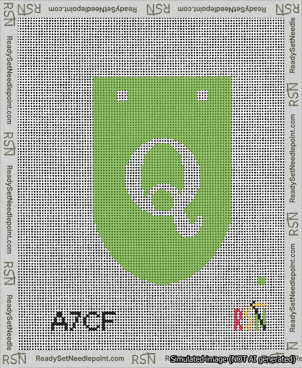 A taped needlepoint canvas with the design: Banner 13 mesh count Rounded Q White on Light Green.