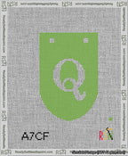 A taped needlepoint canvas with the design: Banner 13 mesh count Rounded Q White on Light Green.