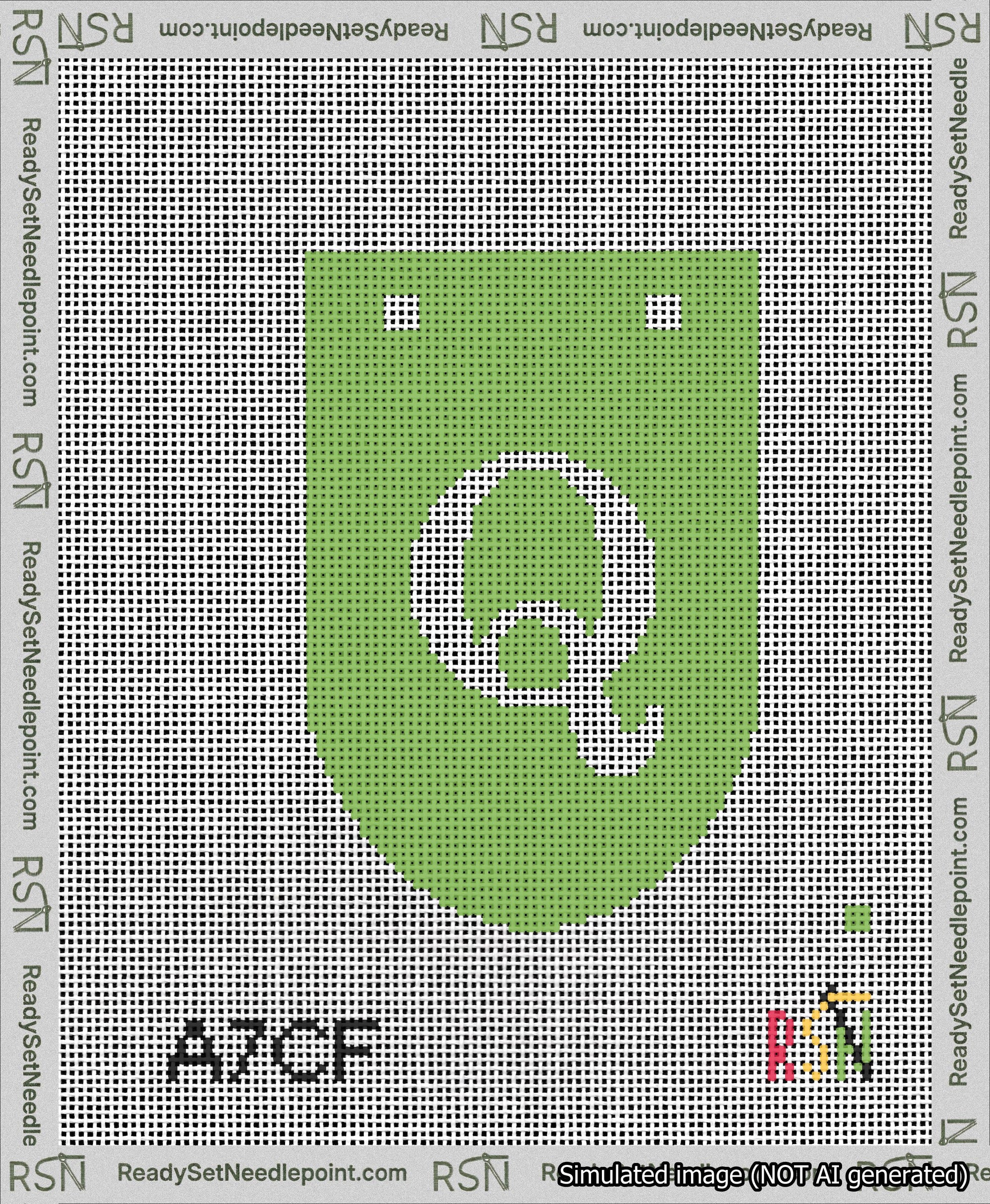 A taped needlepoint canvas with the design: Banner 13 mesh count Rounded Q White on Light Green.