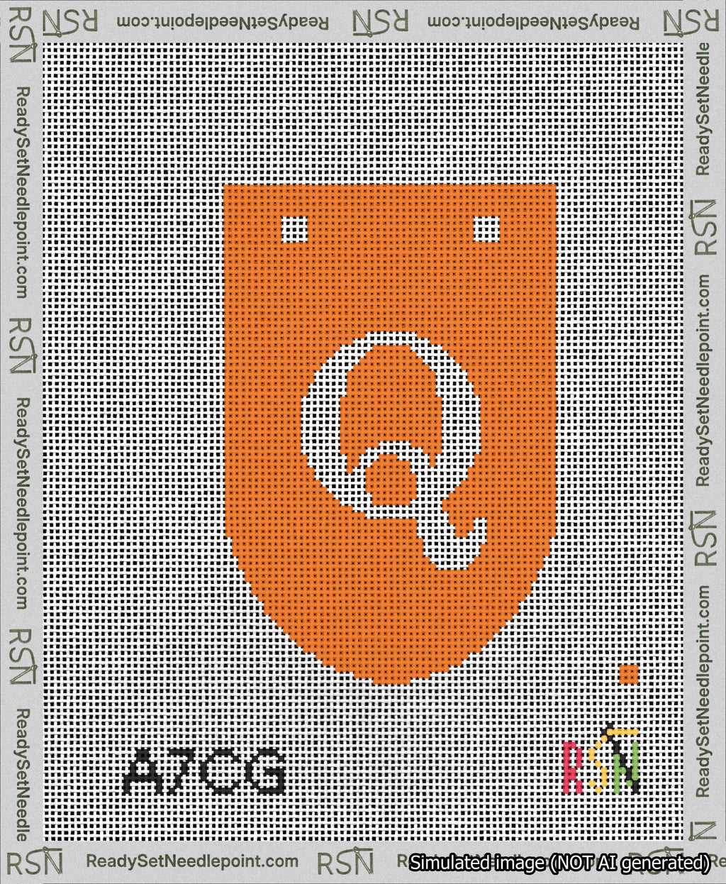 A taped needlepoint canvas with the design: Banner 13 mesh count Rounded Q White on Orange.