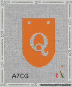 A taped needlepoint canvas with the design: Banner 13 mesh count Rounded Q White on Orange.