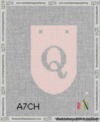 A taped needlepoint canvas with the design: Banner 13 mesh count Rounded Q White on Pink.