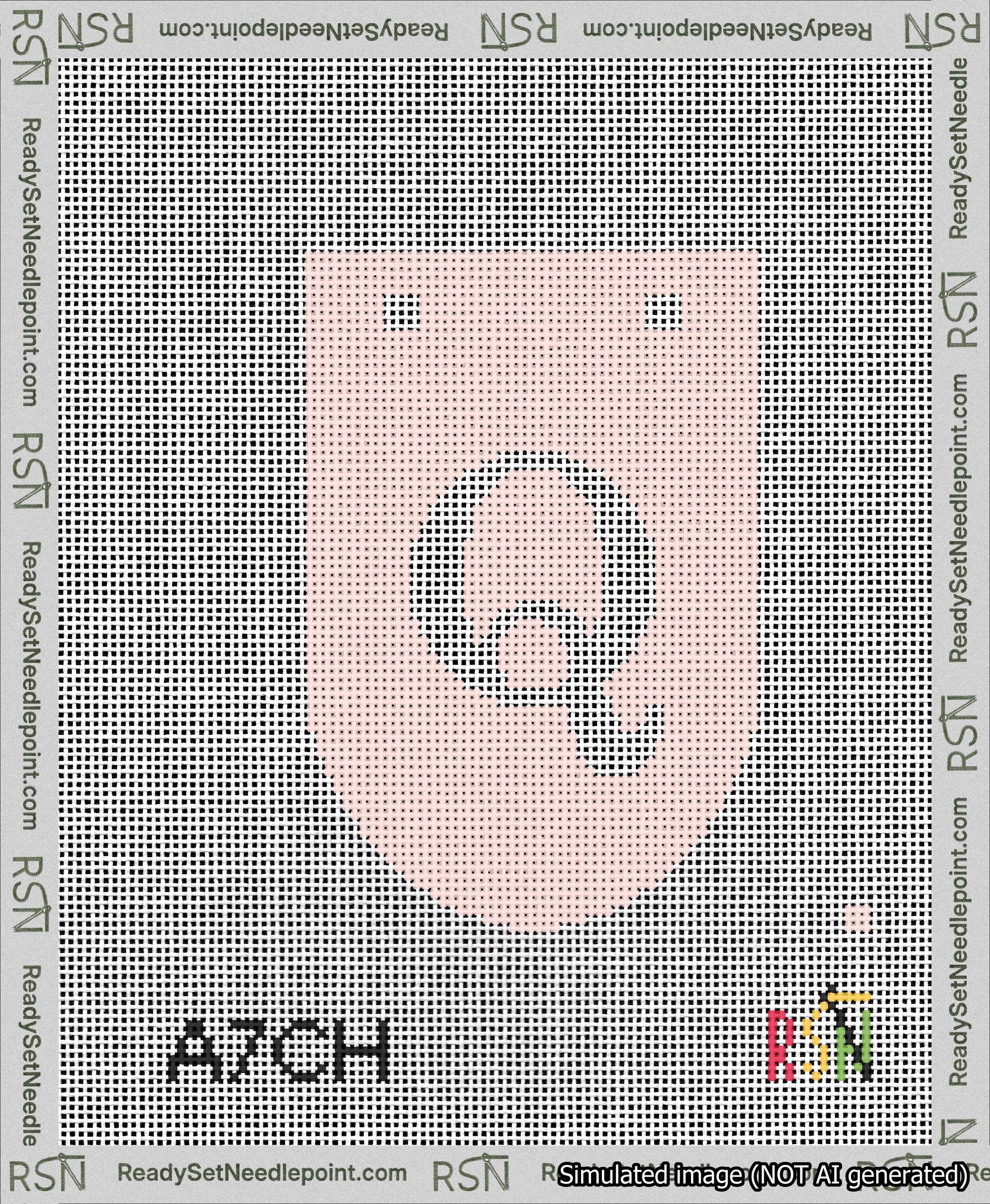 A taped needlepoint canvas with the design: Banner 13 mesh count Rounded Q White on Pink.
