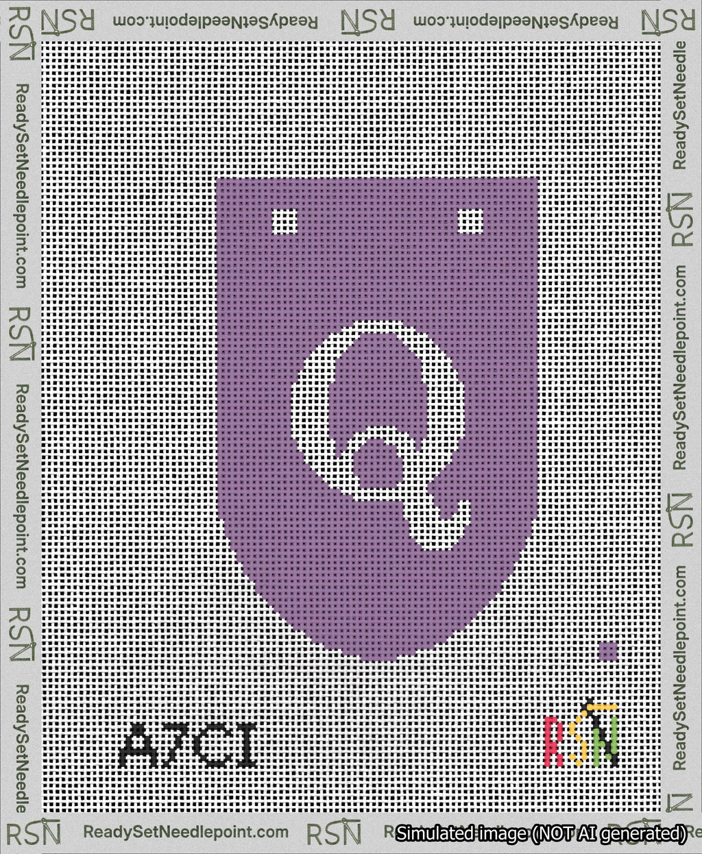 A taped needlepoint canvas with the design: Banner 13 mesh count Rounded Q White on Purple.