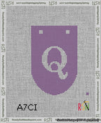 A taped needlepoint canvas with the design: Banner 13 mesh count Rounded Q White on Purple.