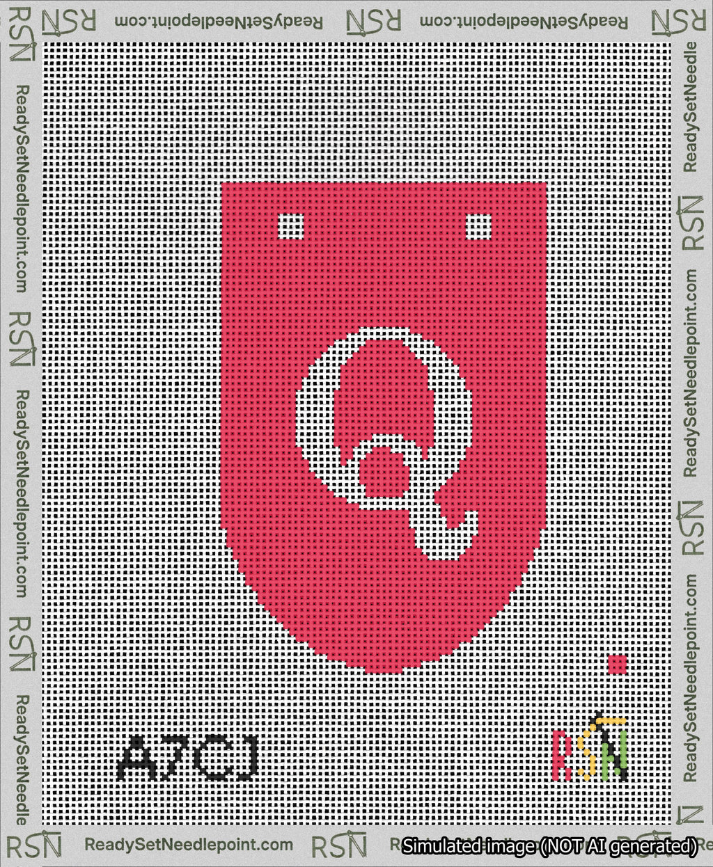 A taped needlepoint canvas with the design: Banner 13 mesh count Rounded Q White on Red.