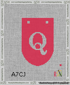 A taped needlepoint canvas with the design: Banner 13 mesh count Rounded Q White on Red.